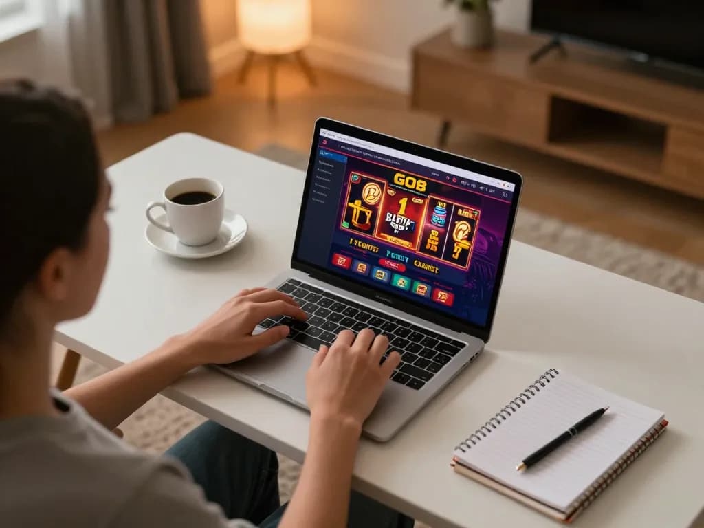Engaged player exploring Go8 online casino platform while enjoying a cozy home gaming setup.