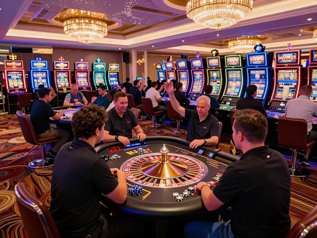 MAX88 players celebrating wins at an exciting casino floor with vibrant lighting and diverse games.
