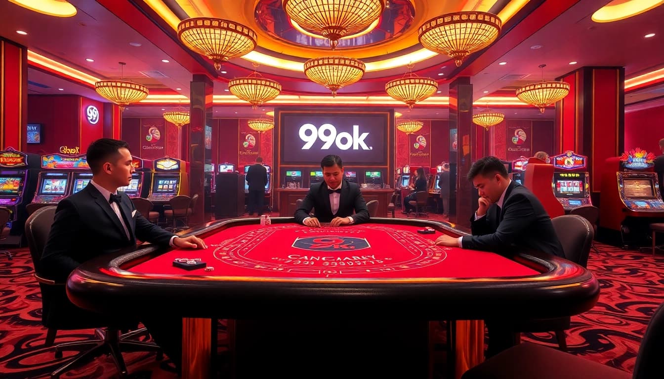Players enjoying a thrilling Baccarat game at 99ok casino table, surrounded by vibrant gaming elements.