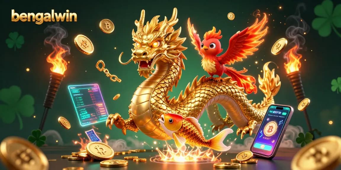 Bengalwin unleashes a thrilling 3D casino experience with golden dragon and koi fish amidst coins.