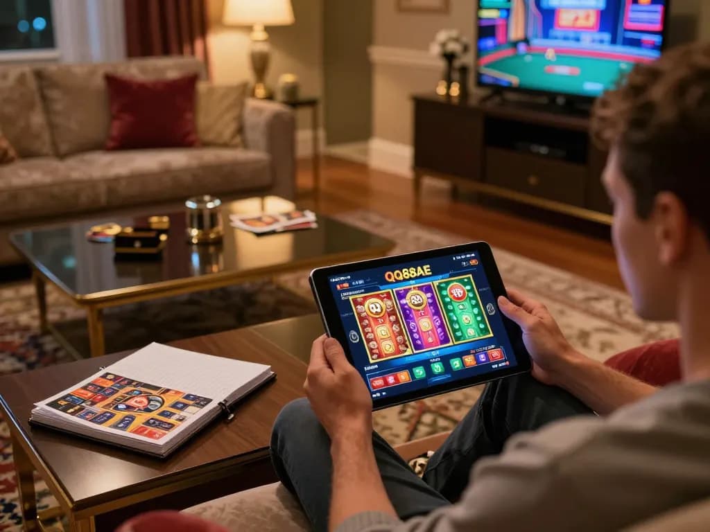 Player engaging with QQ88AE gaming app on tablet in a cozy home setting