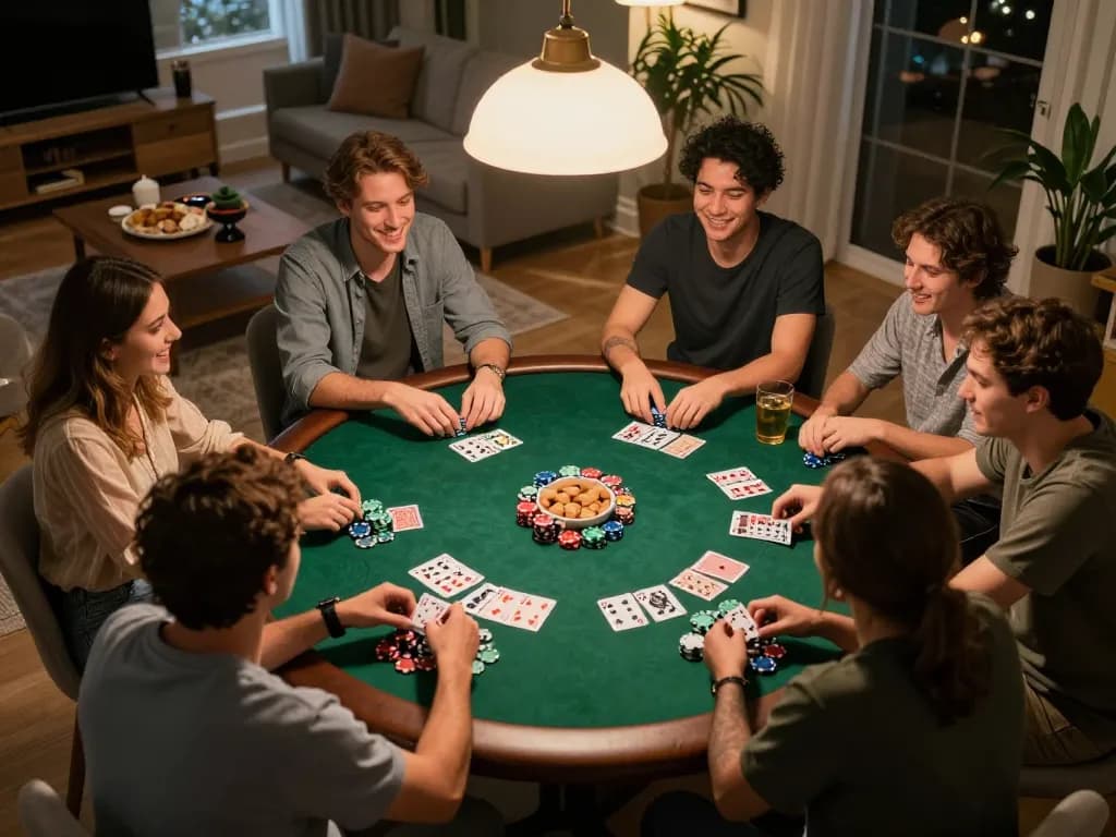 Players enjoying a fun game night at home with poker chips and cards, focusing on strategies at 789club.