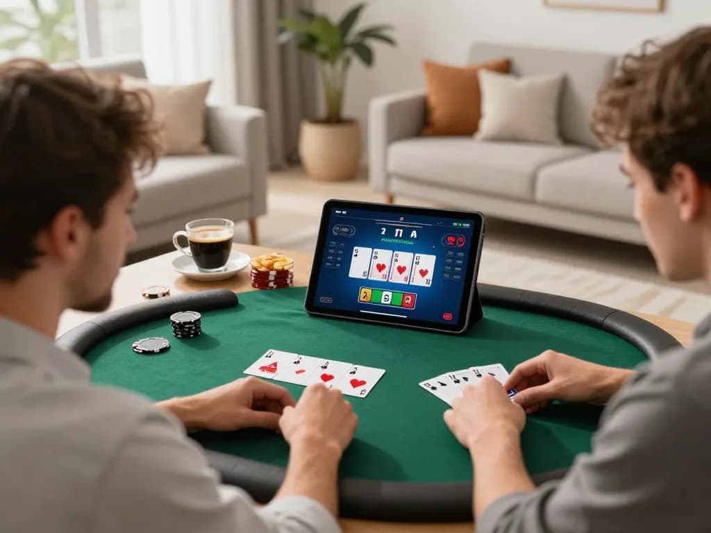 8day players strategizing in an online poker game from a modern living room.