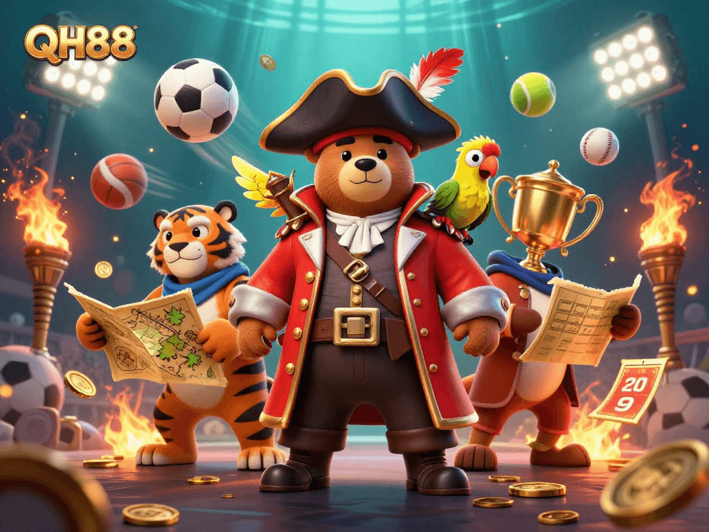 Join the fun at QH88 with an action-packed scene featuring a pirate captain, his tiger mate, and exciting sports elements.