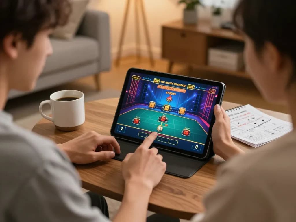 Playing a live dealer game on tablet with 68gamebaivn in a cozy setting.