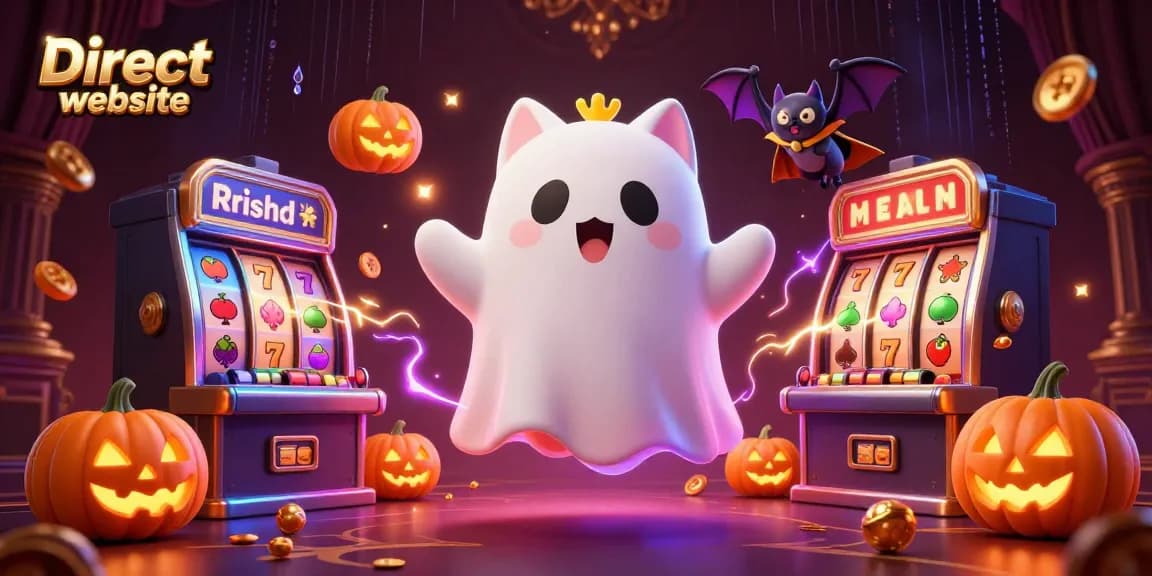 Play exciting slots at the Direct website with a ghost cat and vibrant casino ambiance.
