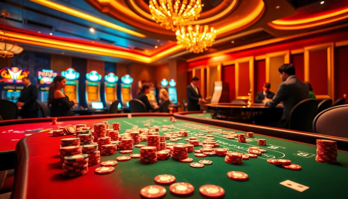 Players engaging in high-stakes games at RR88 Casino, surrounded by vibrant tables and slot machines.