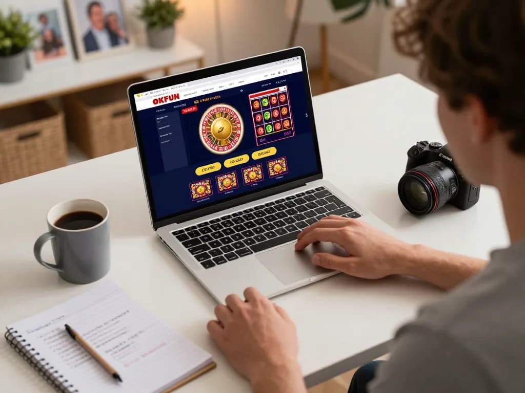 Engaged player using OKFUN casino on laptop at home, showcasing immersive online gaming environment.