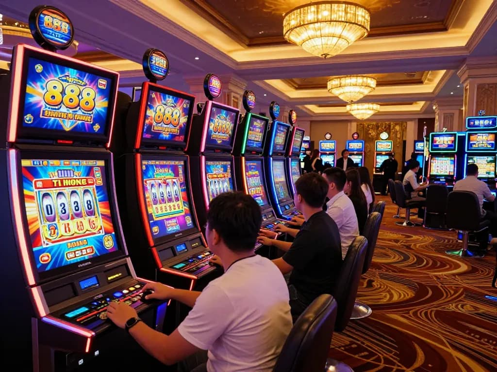 Players enjoying the thrill of slot88 games at a lively casino, surrounded by vibrant slot machines.