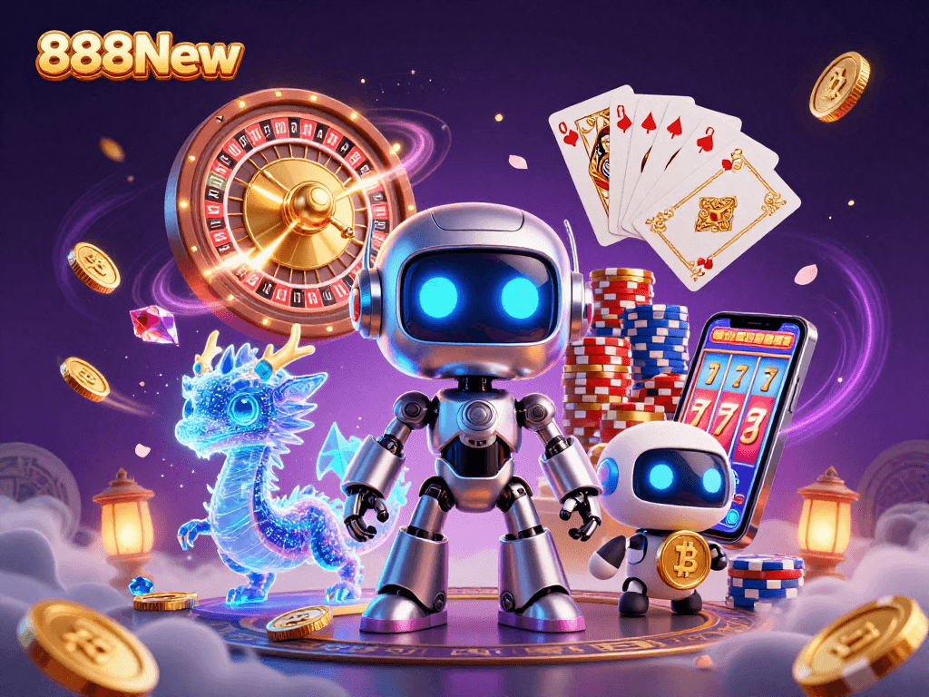 Experience winning games with 888New's vibrant, dynamic casino illustration featuring interactive characters.