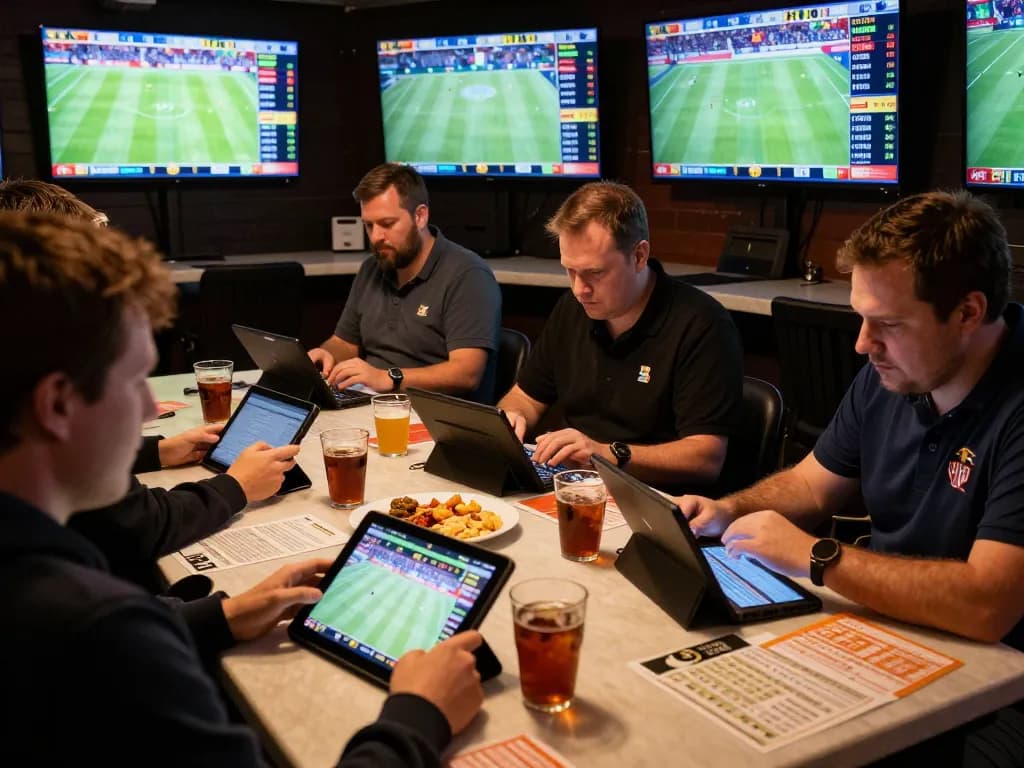 MB88 sports bettors analyzing stats and placing strategic wagers in an engaging atmosphere