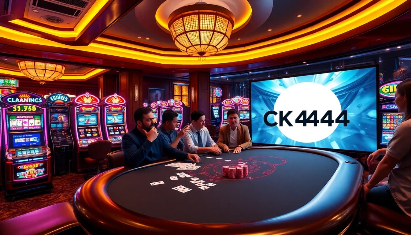 CK444 online casino scene showcasing vibrant slot machines and engaging players at a poker table.