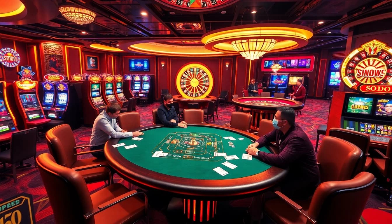 SODO CASINO's vibrant gaming scene featuring players at a poker table and colorful slot machines.