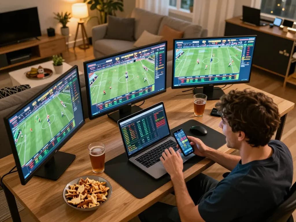DABET sports betting session with a person analyzing odds and placing bets from a modern home setup