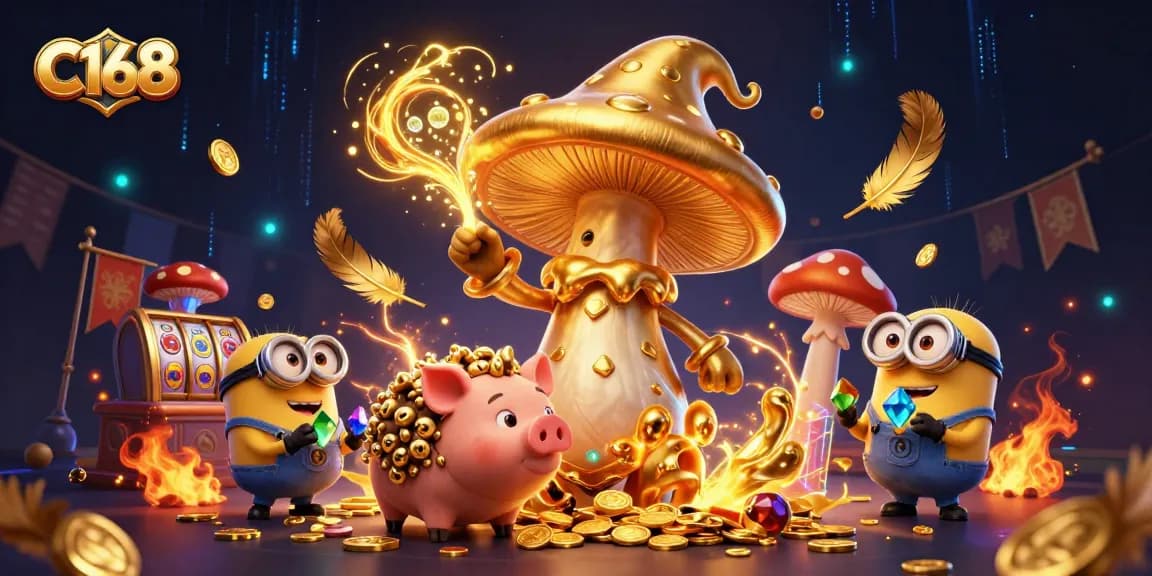 C168 casino illustration depicting a magical scene filled with gold coins, vibrant characters, and dynamic gaming elements.