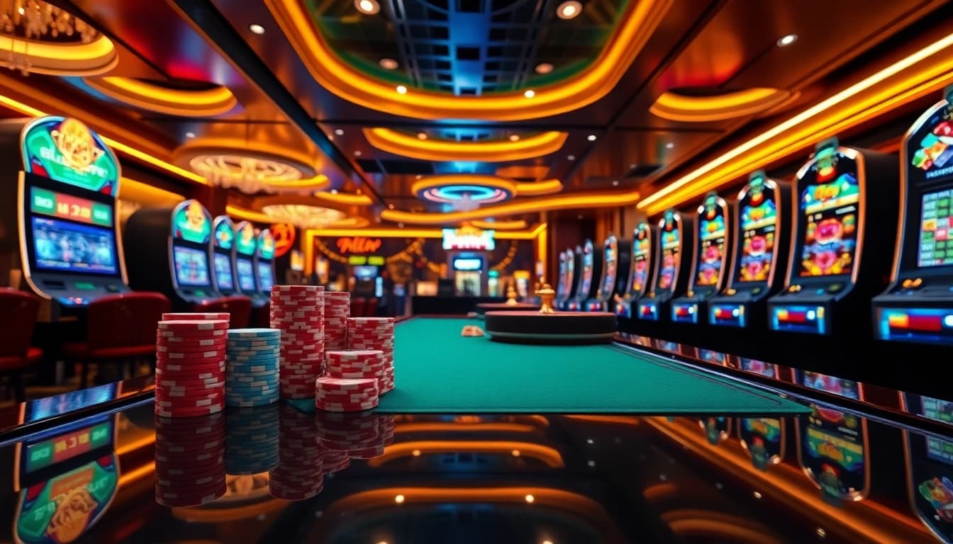 Engage with https://nohu90.pink/ at a vibrant casino table full of poker chips and spinning roulette wheels.