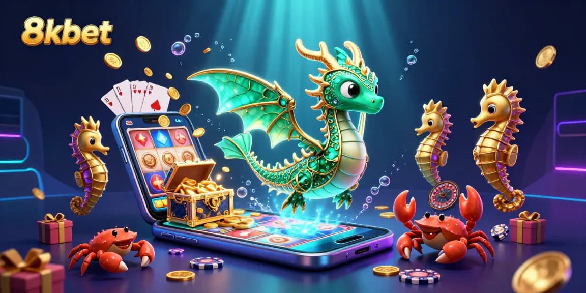 Experience 8kbet's thrilling online casino world with a vibrant underwater scene featuring dragons and games.