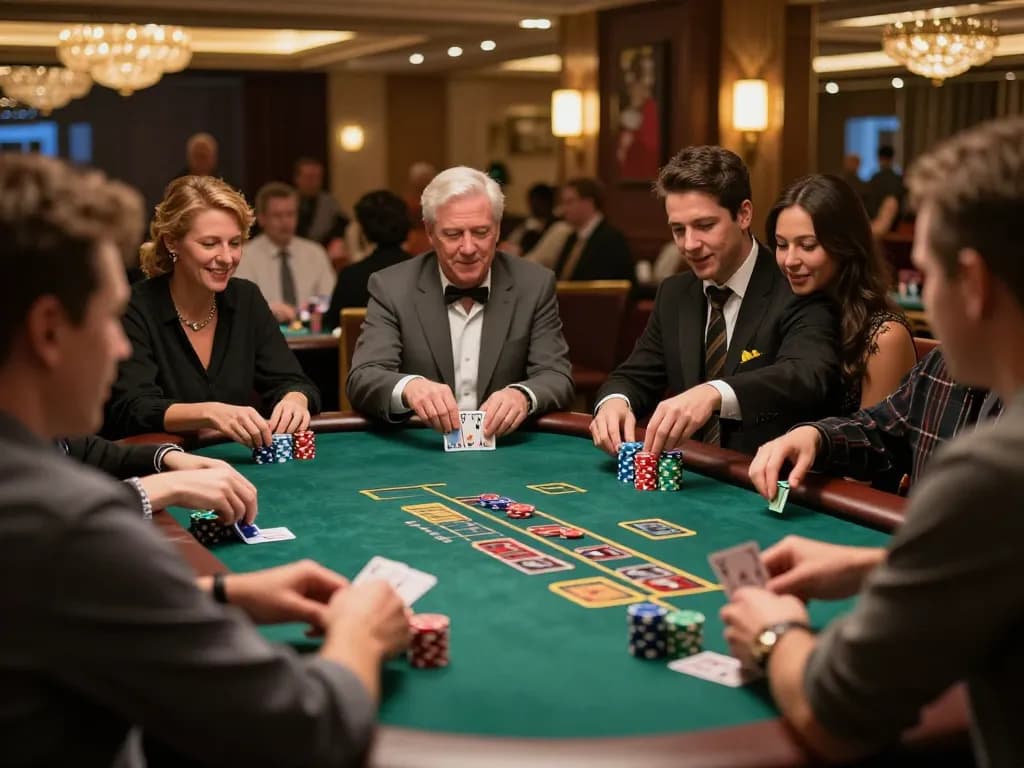 Go8 blackjack players strategizing at a vibrant casino table with colorful chips.