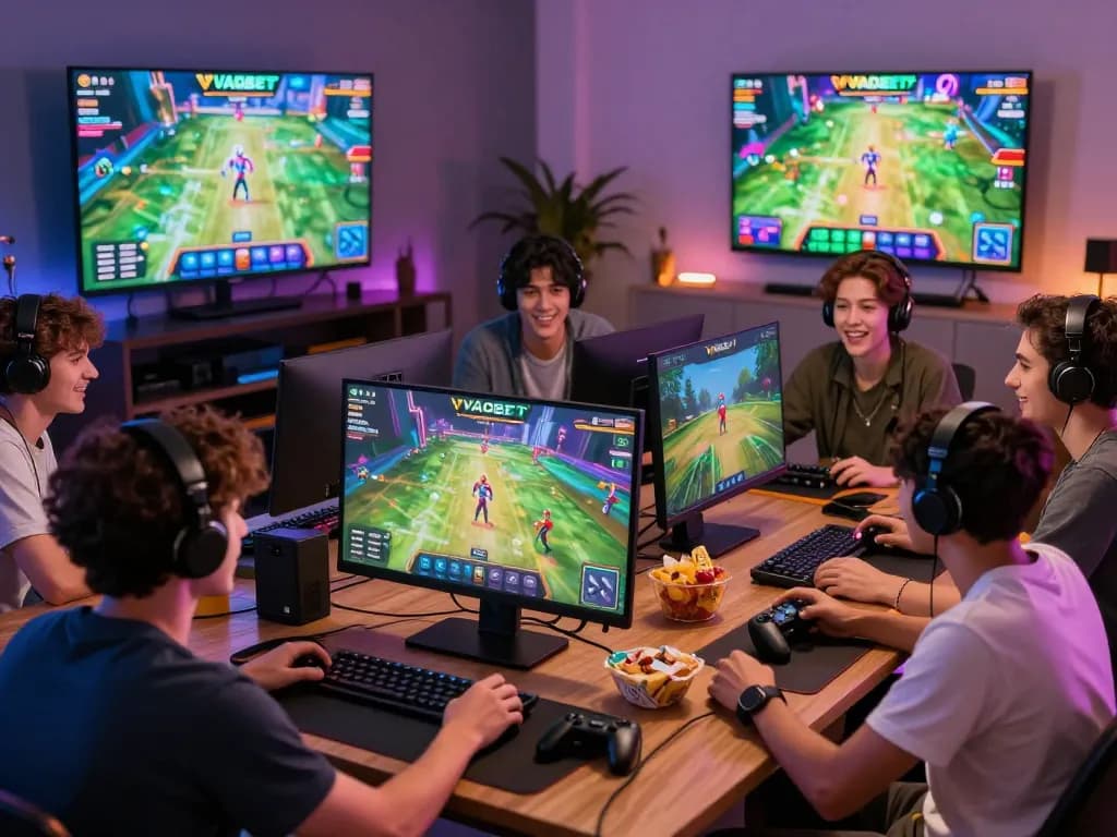 Friends enjoying an engaging online betting experience on VAOBET platform in a modern gaming setup.