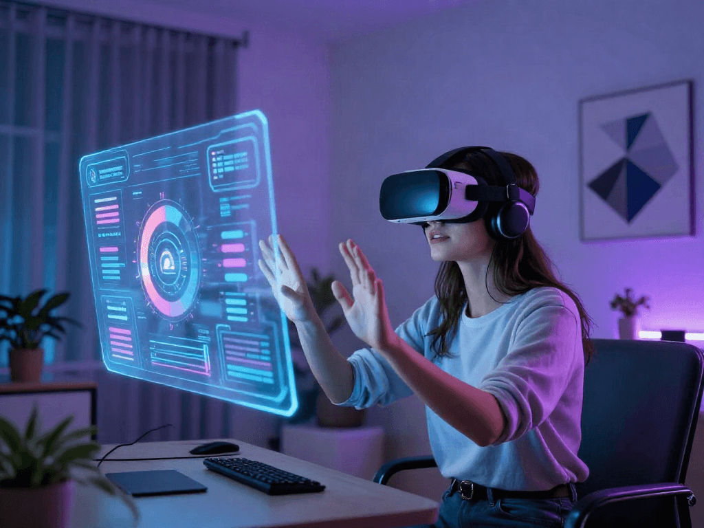 Exploring AI +18 innovations with virtual reality experience in a modern tech setting.