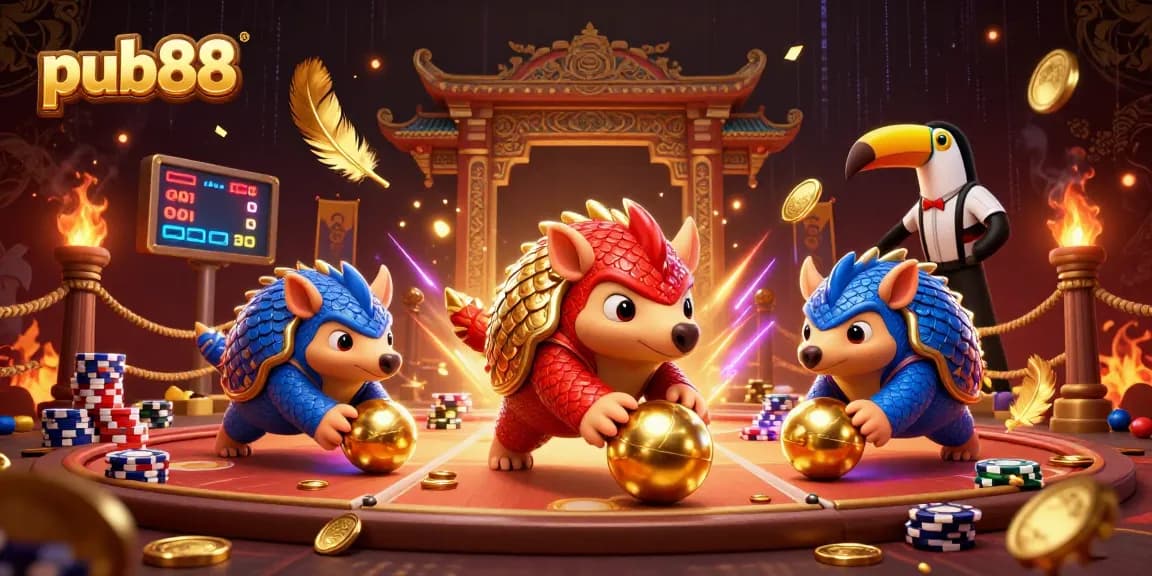 Engage in exciting casino games at pub88 as two rival pangolins battle amidst poker chips and golden confetti!