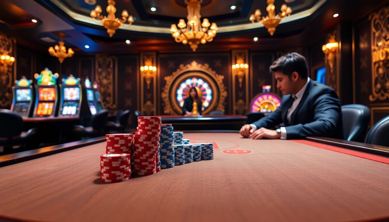Engaged players enjoying Game bài 8KBET at an upscale casino table.