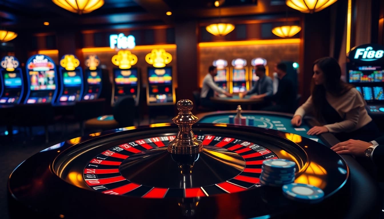 Experience thrilling gameplay at F168 casino with vibrant poker chips and an elegant roulette wheel.