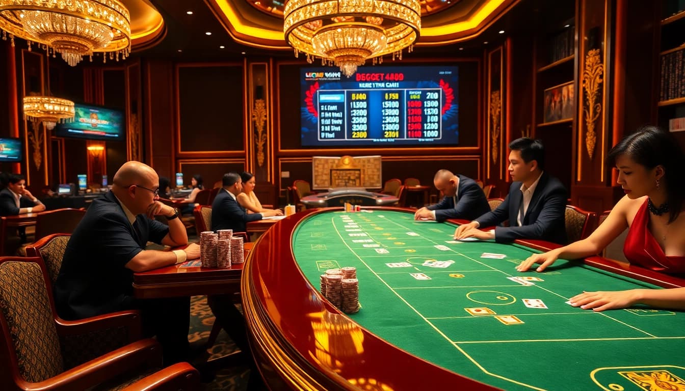 Engaging players at a baccarat table strategizing keo nha cai bets in a luxurious casino ambiance.