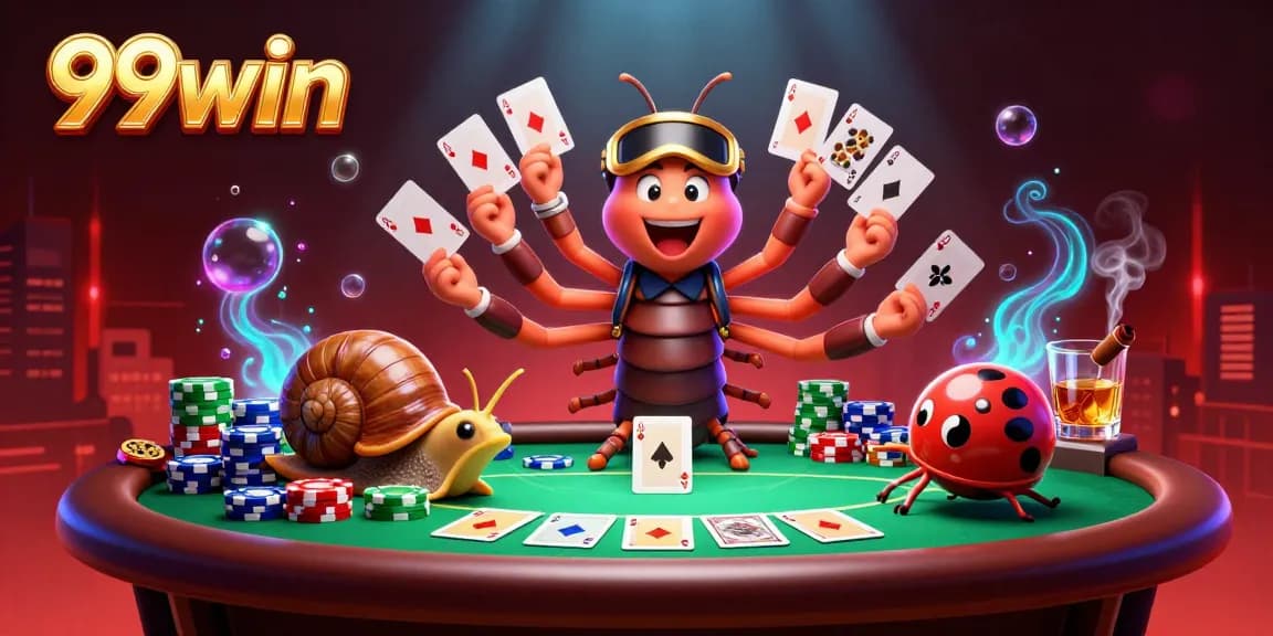 Experience 99win excitement with a cartoon dealer and thrilling poker elements in a vibrant casino scene.
