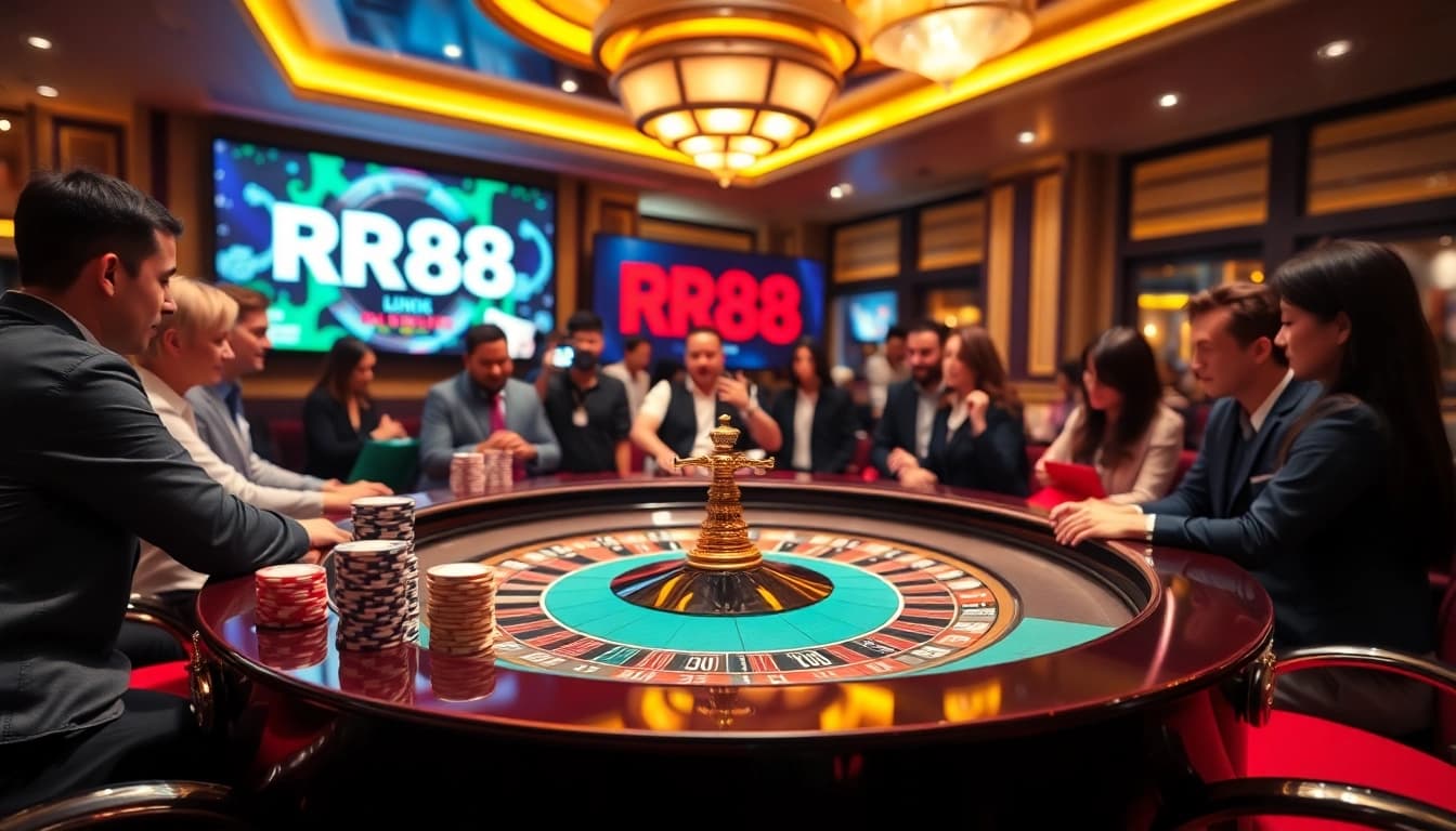 Exciting roulette game at RR88, showcasing intense players and vibrant casino atmosphere.