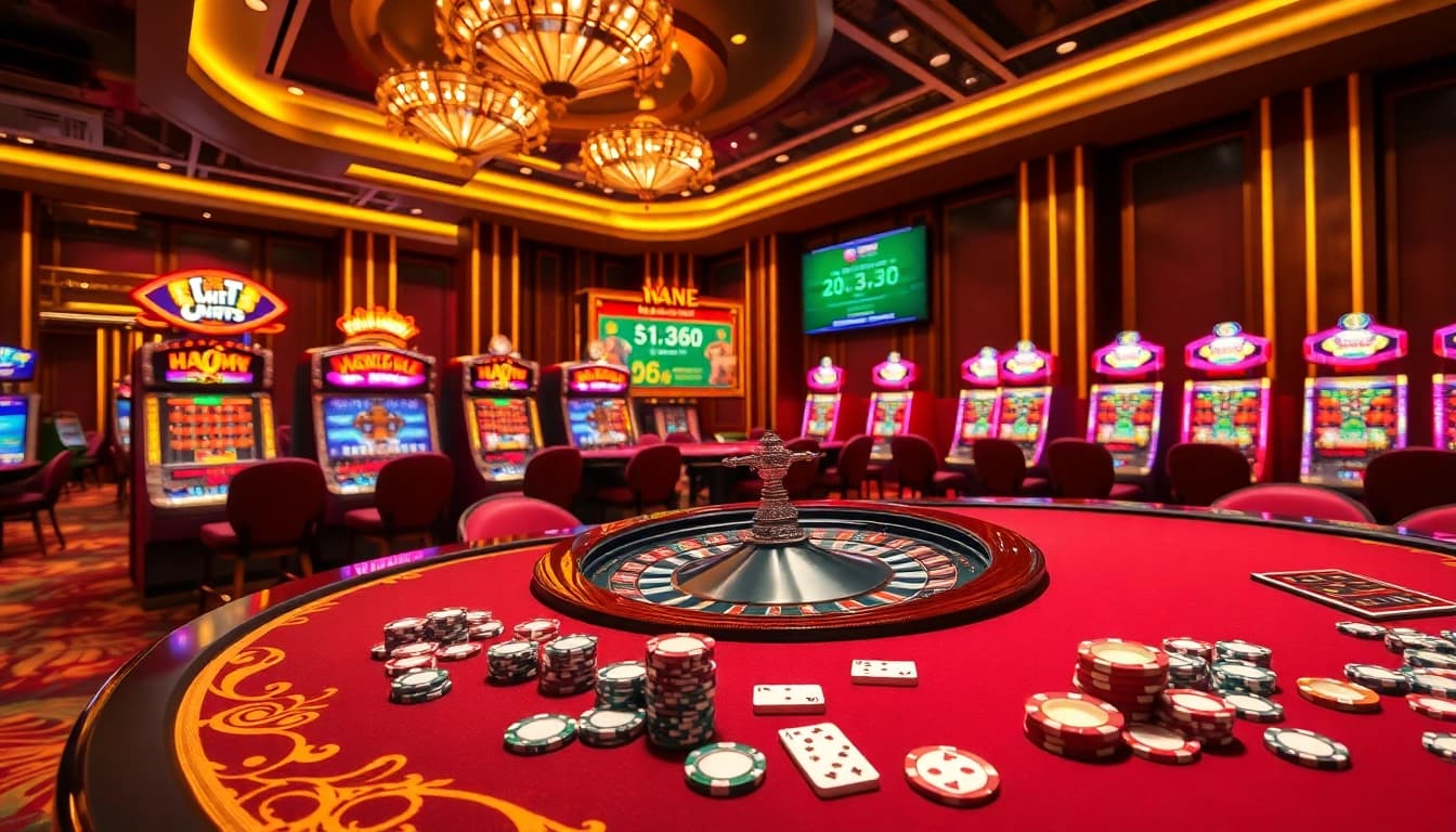 Experience the thrill of Soi Cầu XSMB in a vibrant casino setting with roulette and colorful slot machines.