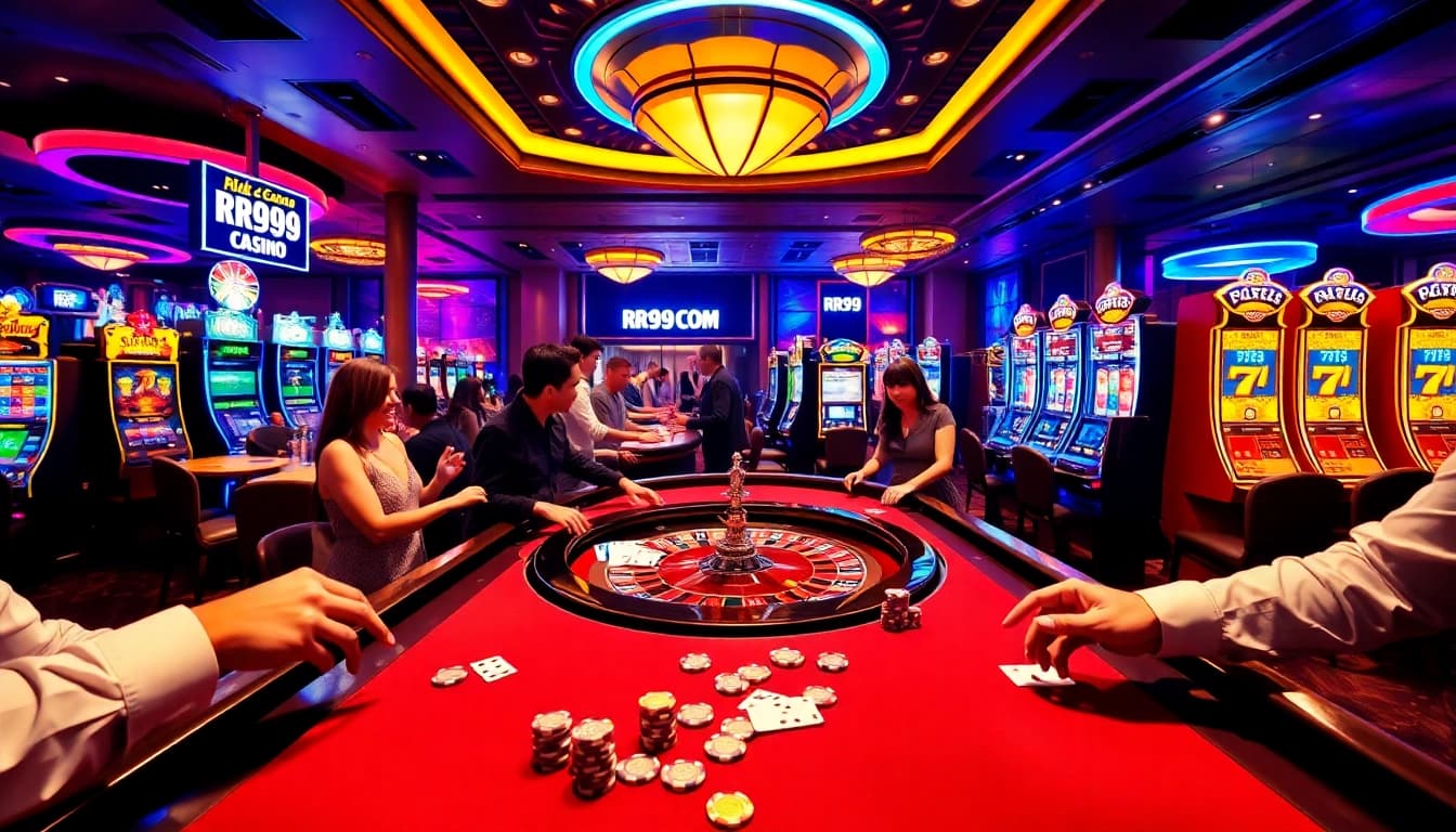 Excited gamers winning at RR99 COM casino tables with vibrant lights and luxurious design.