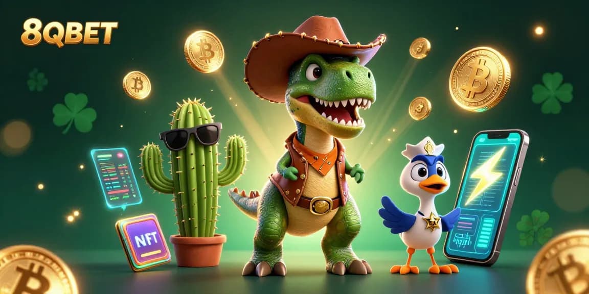 Engage in vibrant 8QBET gaming with dynamic characters in an ultra-detailed 3D casino scene.