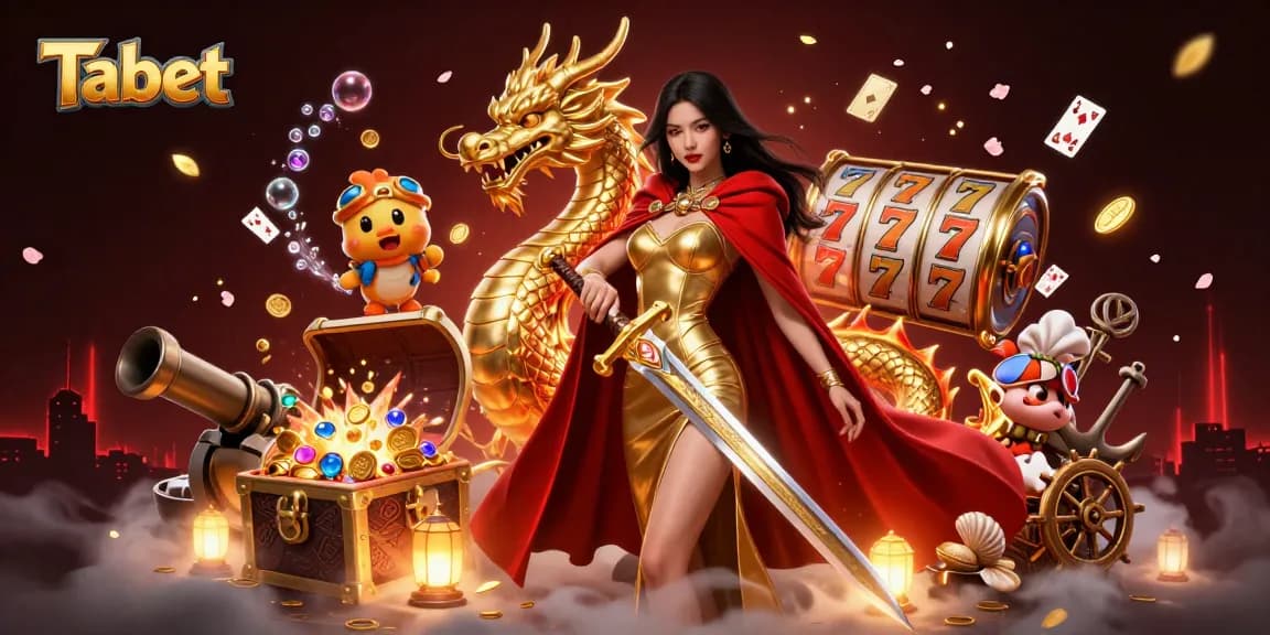 Bet big with Tabet in a vibrant, action-packed casino scene featuring slot machines and treasure.