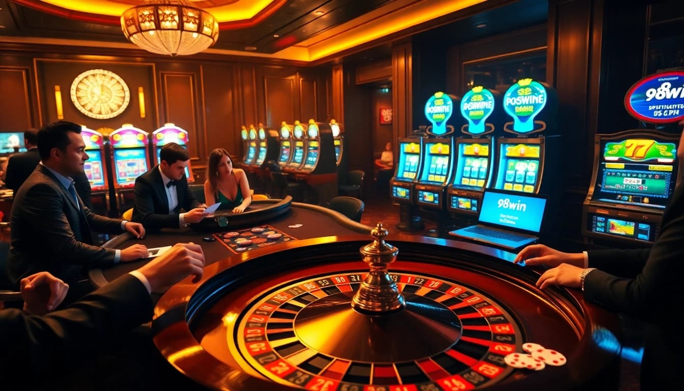 Experience thrilling gaming action at 98win link, featuring vibrant roulette tables and players enjoying top games.