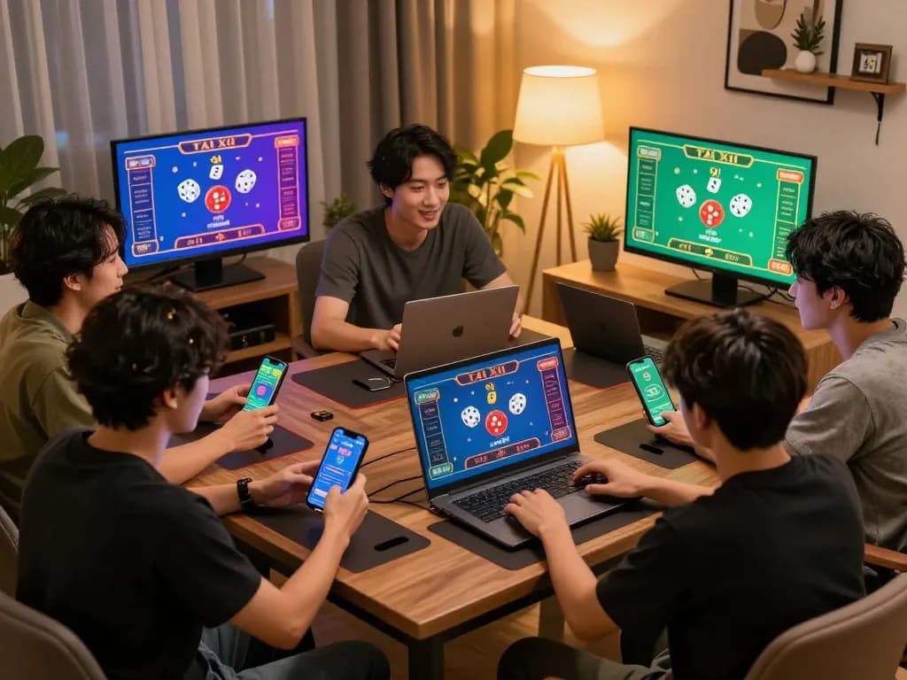 Engaging scene of players enjoying Tài Xỉu games online with multiple devices showcasing dice rolls.