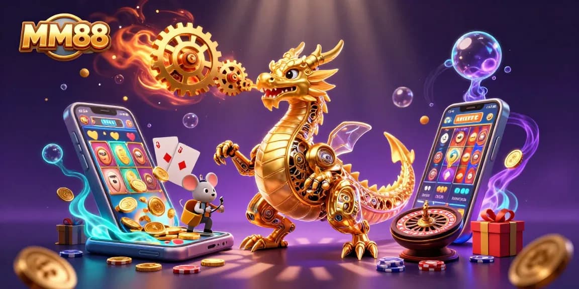 Experience thrilling gaming at MM88 with a golden dragon amidst vibrant casino elements.