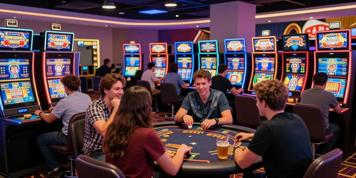 Players enjoying thrilling games at casinos not on GamStop, surrounded by vibrant lights and colorful decor.