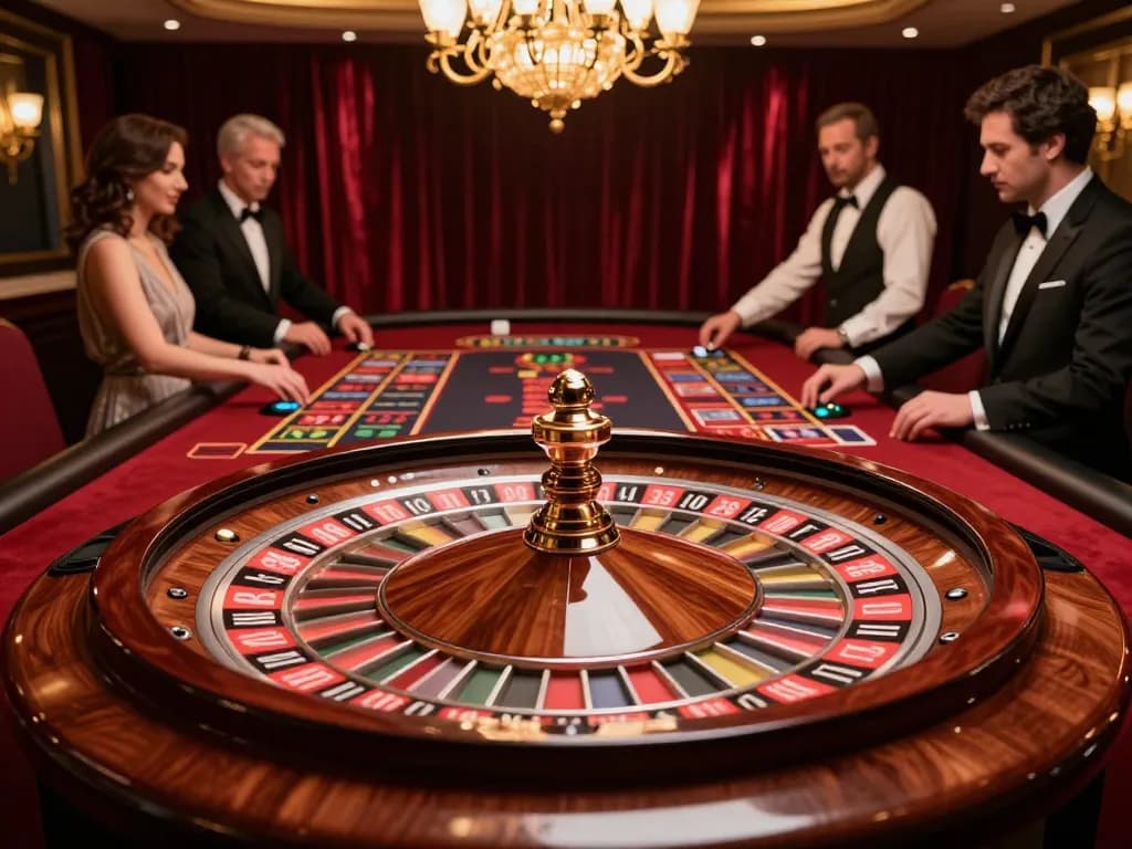 S666 gaming excitement at an upscale roulette table with players engaging in strategic bets.