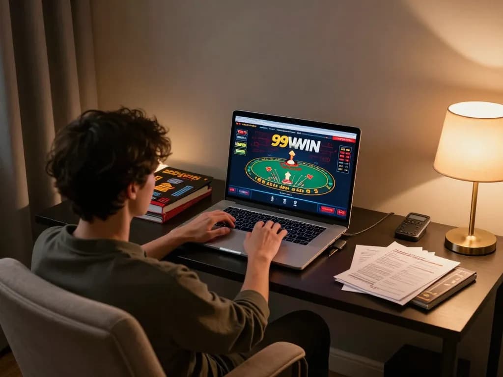 Engaged player using 99WIN online casino interface on laptop, showcasing stylish home gaming setup.