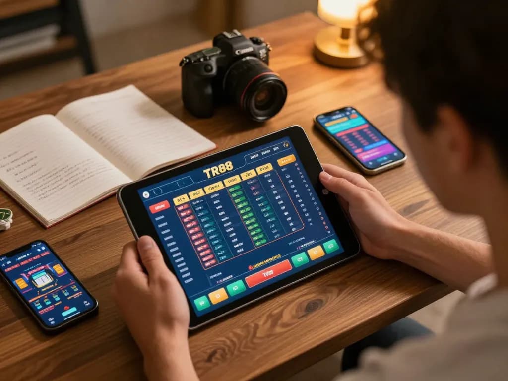Playing TR88 online casino on tablet immersed in strategic gameplay at home