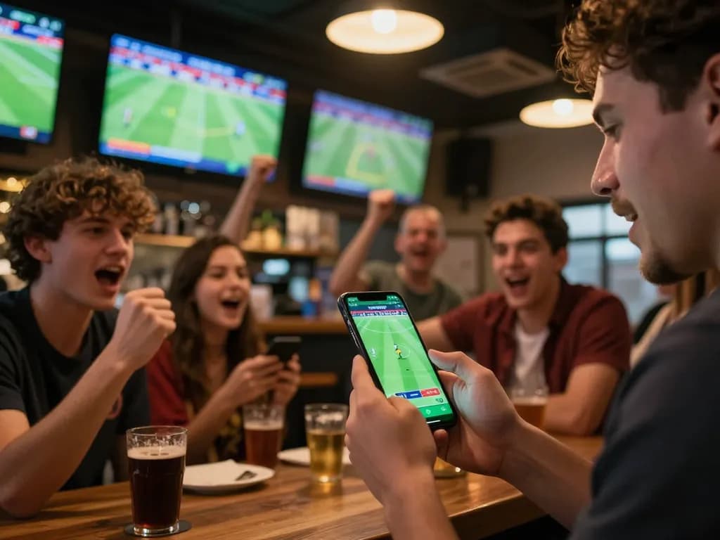 Sports fan checking kèo nhà cái on mobile app during live match in vibrant sports bar