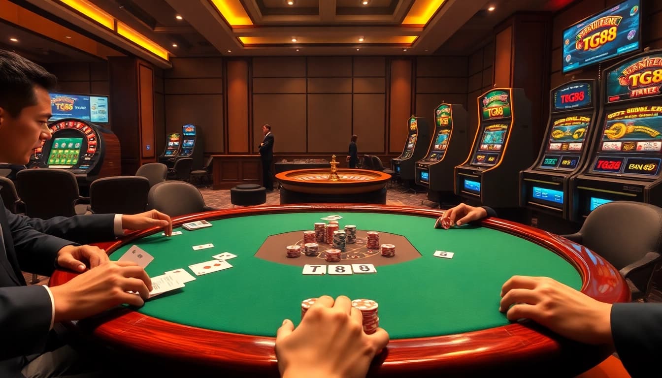 Professional gambler strategically placing bets with TG88-branded poker chips and cards