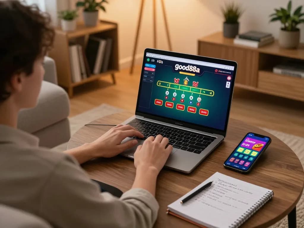 Engaging online gaming experience at good88a, showcasing live dealer blackjack on laptop.