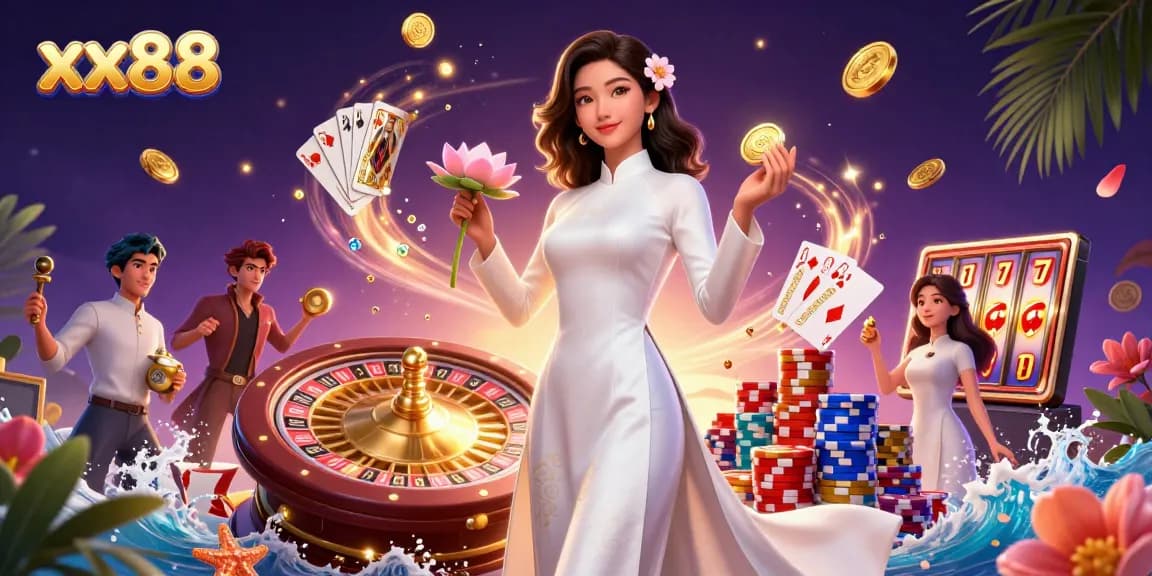Experience the excitement of winning at xx88 with vibrant games, coins, and casino elements.