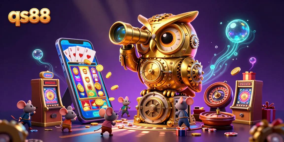 Experience the excitement of qs88 with our golden owl and casino-themed characters in a vibrant scene!