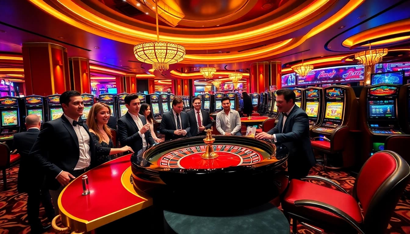 Players enjoying a thrilling moment at QQ88 casino with roulette and slot machines.
