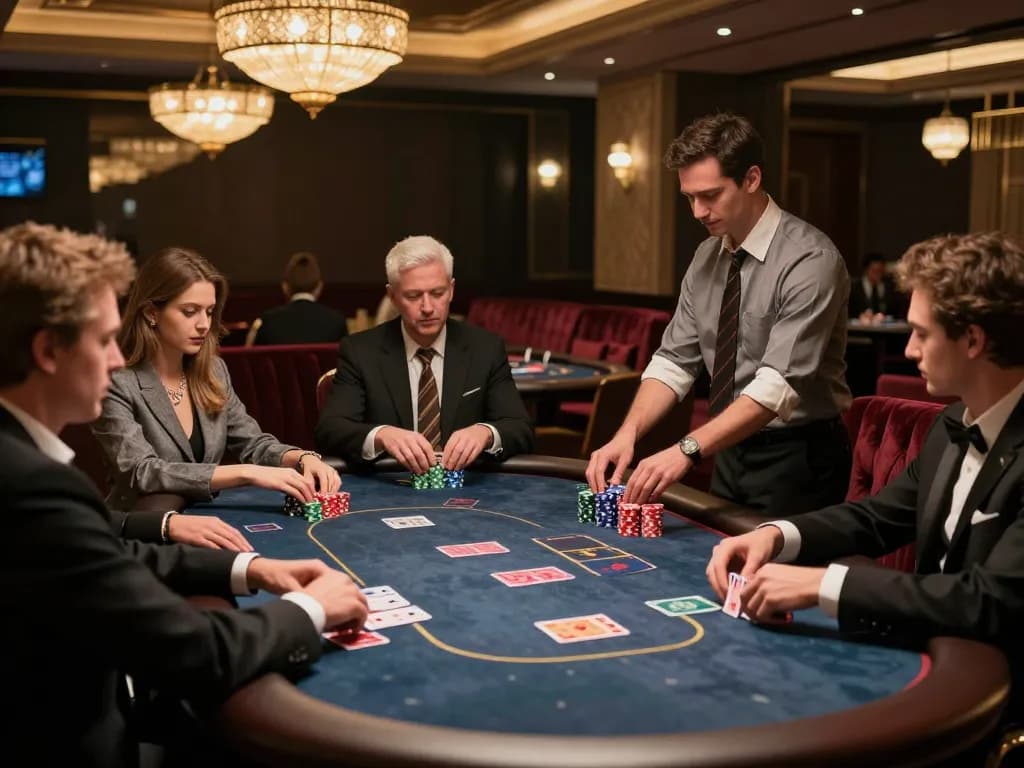 Players enjoy high-stakes poker at AX88 co VIP tables in a luxurious casino.