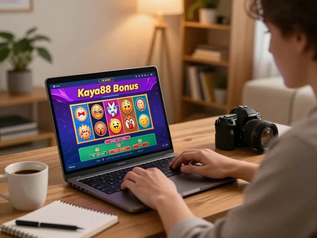 Kaya88 player enjoying online casino promotions with slots displayed on their laptop.
