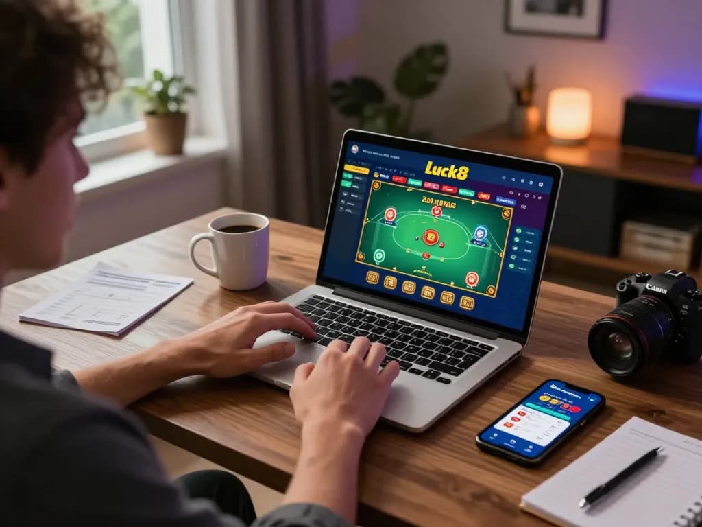 Player initiating luck8 đăng nhập on laptop, surrounded by strategy notes and a cozy gaming setup.